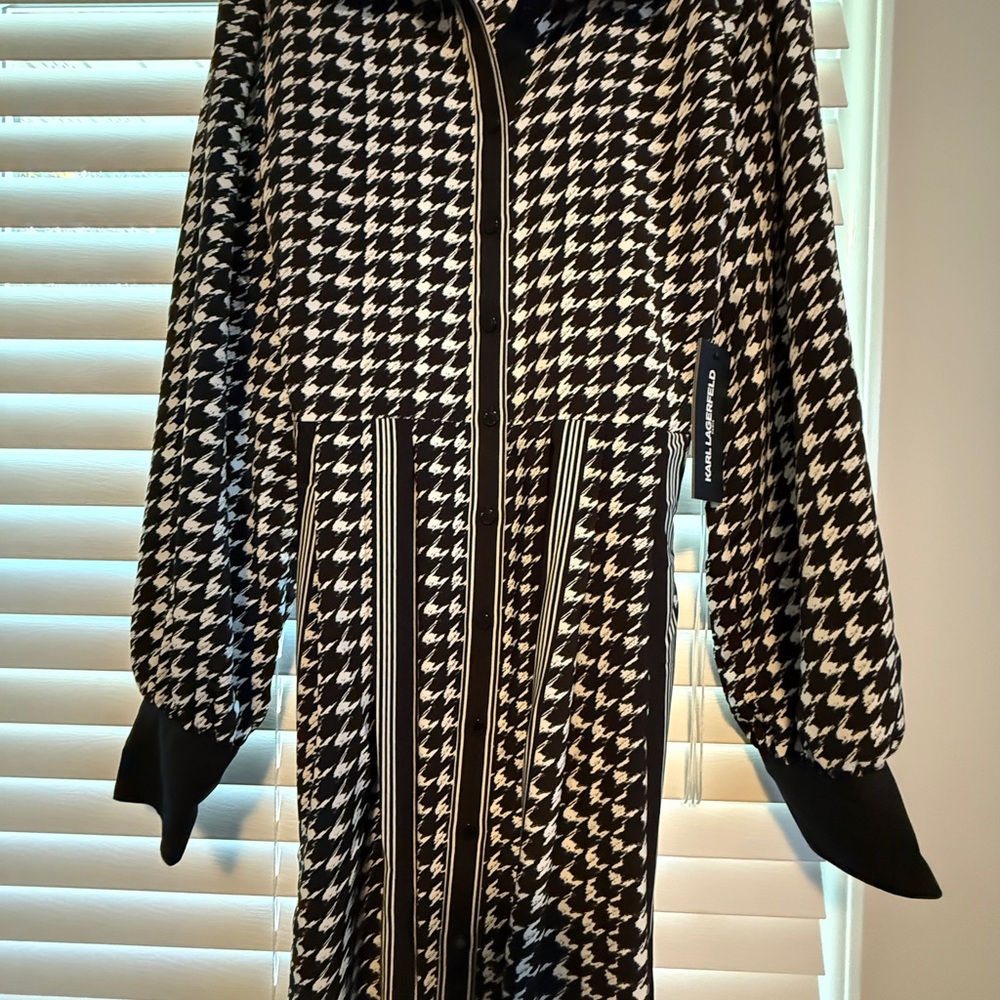 Karl Lagerfeld Black and White Houndstooth Long Sleeve Dress NWT